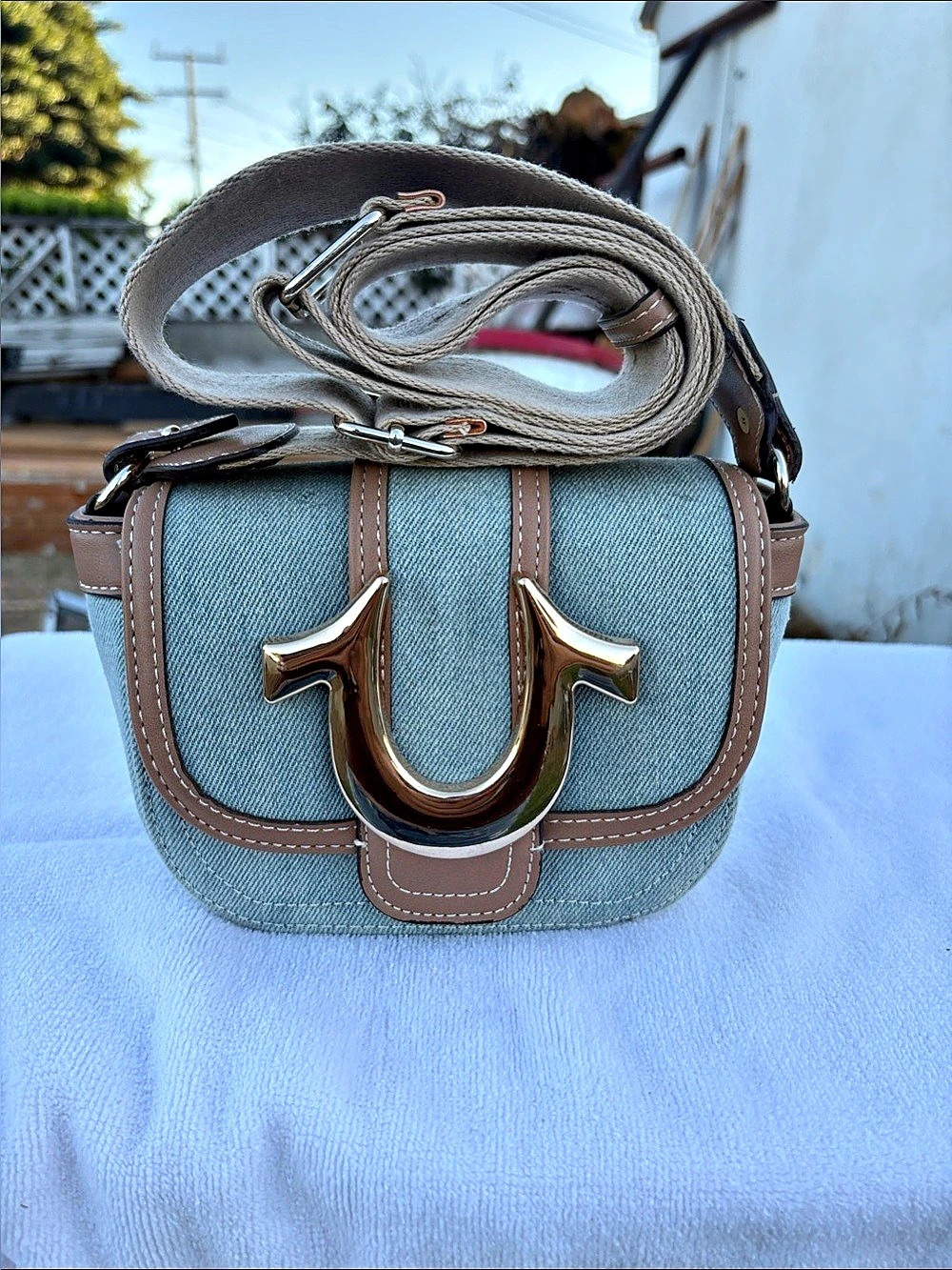 True Religion Denim Raised Horseshoe Crossbody Flap Blue & Brown Bag